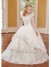 Long Sleeves Beaded Ivory Lace Tulle Corset Back Flower Girl Dress